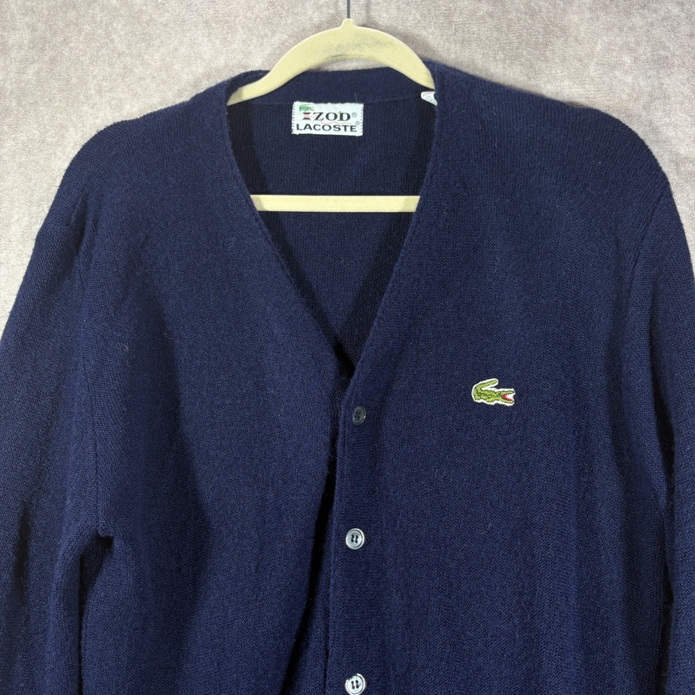 Vintage Izod Lacoste Cardigan Mens Size Medium Navy Blue V-Neck Knit Preppy 80s - Picture 2 of 7